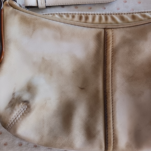 Vintage / Rare Coach Nylon Beige Handbag White Leather Handle Shoulder Bag - Picture 3 of 14